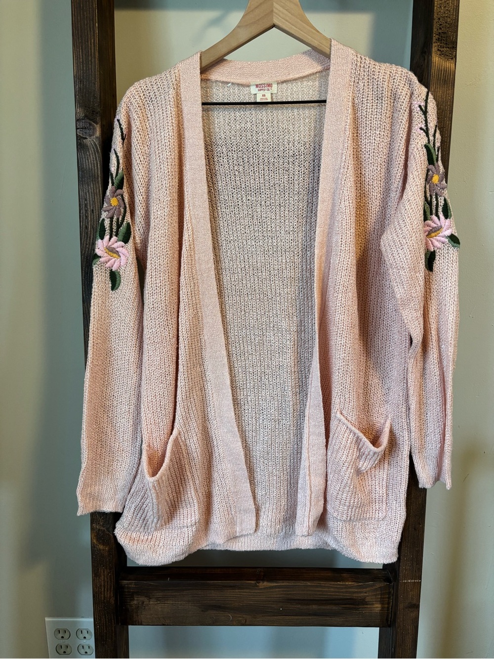 Light Pink Floral-Embroidered Open Front Women's Cardigan - XS